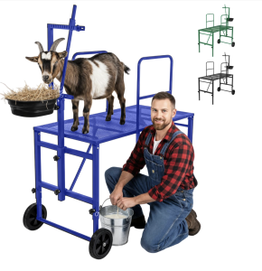 Goat Stand with Adjustable Headpiece & Legs, Goat Milking Stand with Feeder, Rails & Wheels, Stanchion for Grooming & Hoof Trimming, Sheep Stand for Shearing Heavy-Duty Steel Platform, BLUE