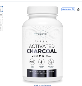 Type Zero Activated Charcoal Capsules (180 Count) – 60 Servings, 780mg Per Serving, from Coconut Shell, Non-GMO, Gluten-Free