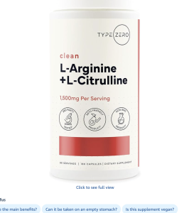 Type Zero L-Arginine + L-Citrulline Supplement (1500mg) 180 Capsules – Clean, Keto-Friendly, GMO-Free, 90 Servings