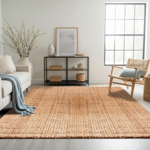 Delara Hand Woven 100% Jute Area Rug, Bohemian, Rustic, Easy Clean Tightly Woven Natural Fiber Jute Rug, Non-Slip, Ideal for High Traffic Areas in Bedroom, Living Room, Office, 5′ x 8′, Natural