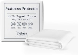 Delara Organic Waterproof Mattress Protector for King Size Bed, Soft & Cooling, GOTS Certified Organic Cotton, Noiseless & Breathable, Machine Washable, Fitted Mattress Cover, Fits 20 Inch Deep Pocket