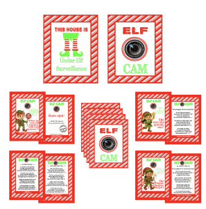 Elf Surveillance Sign + Elf Cam Magic Kit – Yard Sign, 4 Hidden Elf Cams, 24 Jokes, Nice/Naughty Cards & Notes – Hilarious Christmas Behavior Booster for Kids! 32 piece Set. Cameras are printed…Not real!