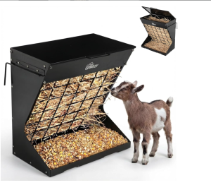 Wall Mount Hay Feeder for goats, Covered Hay Feeder for horses with Roof, 2in1 25 gallon hay rack & Grain, Hanging hook on fence mount, Galvanized Steel goat hay Feeder for Sheep Cattle – Black