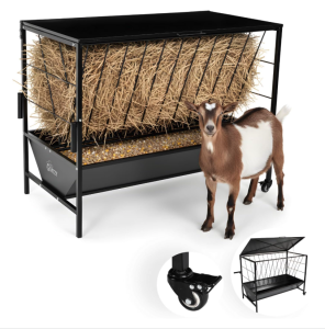 Hay Feeder for Goats with Roof & Wheels, 2 in 1 Goat Feeder Trough 50 Gallon Hay Rack & 20 Gallon Grain, Galvanized Steel Livestock Feeder Horse Hay Feeder Sheep Cattle, Goat Hay Feeder – Black