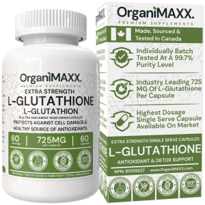 Glutathione 725mg Per Capsule OrganiMAXX L-Glutathione One A Day capsules. Glutathione Supplements for Antioxidant And Detox Support. Made In Canada Non-GMO, Vegan & Gluten Free.