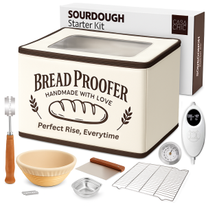 Bread Proofing Box – Foldable Dough Proofer – Sourdough Starter Kit Warmer – Temperature and Timer Controller – Bread Making Kit with Dough Warming Box, Banneton Basket, Lame, Scraper, Metal Rack