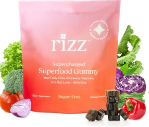 Rizz Green Gummies – 60+ Superfoods 6g Fiber – Prebiotic and Probiotic Gummies – Vegan Multivitamins for Women & Men – Gluten Free Low Sugar – Mushroom, Fruit and Vegetable Supplements – 30 Day Supply