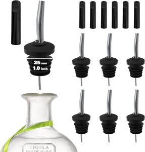6-Pack Stainless Steel Liquor Pour Spouts for Bottles – Built-in Hinged Lids with 3 Bottle Adapters – Drip-Free Spout for Olive Oil, Wine – Ideal for Cocktails, Bar Use, Kitchen Pourers – Rust-Free