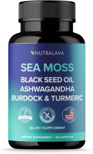 Sea Moss Capsules, All-in-One Blend with Irish Sea Moss Black Seed Oil Ashwagandha Burdock Root Bladderwrack Turmeric – Immune, Thyroid & Joint Support – Gluten-Free, Non-GMO, 60 Capsules
