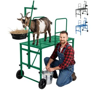 Goat Stand with Adjustable Headpiece & Legs, Goat Milking Stand with Feeder, Rails & Wheels, Stanchion for Grooming & Hoof Trimming, Sheep Stand for Shearing Heavy-Duty Steel Platform, Green