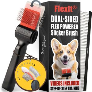FlexIt Flexible Slicker Brush for Dogs – Professional 3-in-1 System & Video Trainings – Dual-Sided Dematting, Undercoating & Finishing Dog Grooming Brush by Groomers Helper (Single, Firm Flex)