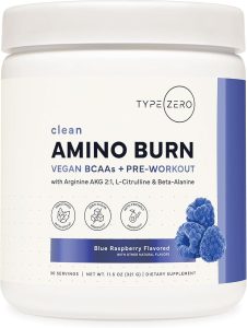 Type Zero Amino Burn – Vegan BCAA + Clean Pre Workout Powder with Arginine AKG, L-Citrulline & Beta Alanine – Amino Acid Clean Energy, Endurance & Hydration Supplement – Blue Raspberry, 30 Servings