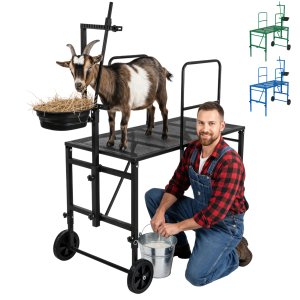 Goat Stand with Adjustable Headpiece & Legs, Goat Milking Stand with Feeder, Rails & Wheels, Stanchion for Grooming & Hoof Trimming, Sheep Stand for Shearing Heavy-Duty Steel Platform, Black