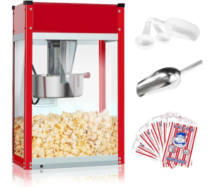 Popcorn Machine – Electric Popcorn Popper | Stainless Steel Kettle With Scoops, Bags & Cups | Countertop Machine, Theater Style | Ready in 5 Minutes | 750 W | Red, 8 oz (32 Cup Capacity)