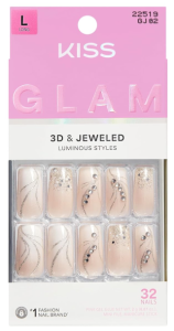 KISS GLAM, Press On Nails, Nail glue included, ‘Wrapped in Beauty’, White, Long Size, Square Shape, Includes 32 Nails, 2g Glue, 1 Manicure Stick, 1 Mini File