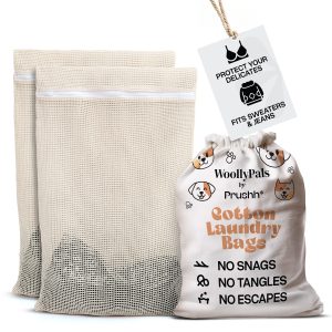WoollyPals Large Cotton Mesh Laundry Bags (16″ x 20″) – 2-Pack with Drawstring Storage Pouch – Washer & Dryer Safe, Durable Zipper, Breathable Mesh for Clothes, Delicates, Underwear, Shoes & Lingerie