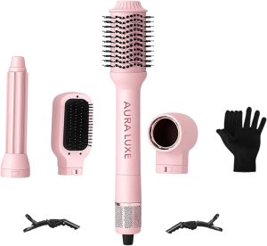 Blow Dryer Brush Set 5 in 1 with Curling Barrels, Volumizing Round & Straightening Brush, Hot Air Hair Styler Multi Styler for Blowouts, Travel Friendly, Pink – AURA LUXE