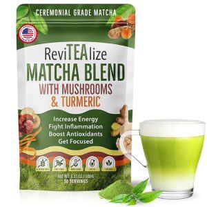 ReviTEAlize Organic Matcha Mushroom Powder – Organic Ceremonial Grade Matcha Powder Blend Mushroom Coffee Alternative – Mushroom Matcha Latte Powder (30 Servings)