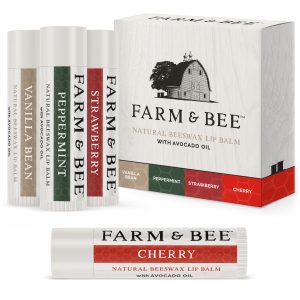 Natural Lip Balm – Variety Pack – Organic & Natural Ingredients – Beeswax Based Lip Care Chapstick – Great Gift – Farm & Bee – 0.15oz (Pack of 4 – Vanilla Bean/Peppermint/Strawberry/Cherry)