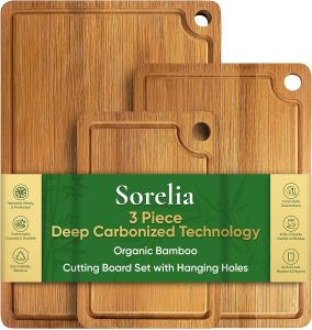 Bamboo Cutting Boards for Kitchen, 3-Piece Durable Carbonized Bamboo Set, 2-in-1 Reversible Charcuterie Boards with Juice Groove & Side Handles, Natural Wood with Hanging Hole, 15/12/9 inch Set