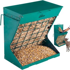 Goatzy Wall Mount Hay Rack And Hay Feeder For Goats Sheep And Horses, Covered Galvanized Steel Goat Hay Feeder With Hinged Roof, 25 Gallon 2-In-1 No Waste Hanging Holder Grain Bin with hook For Cattle