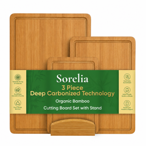 Cutting Boards for Kitchen, 3-Piece Durable Non Toxic Carbonized Bamboo Set, 2-in-1 Reversible Charcuterie Boards with Juice Groove & Side Handles, Natural Wood with Stand Included, 15/12/9 inch Set