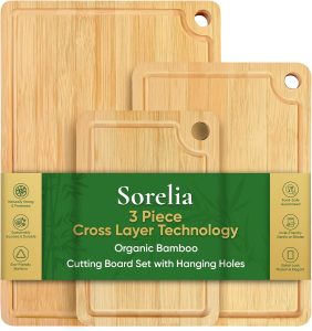 Bamboo Cutting Boards for Kitchen, 3-Piece Durable Bamboo Set, 2-in-1 Reversible Charcuterie Boards with Juice Groove & Side Handles, Natural Wood with Hanging Hole, 15/12/9 inch Set