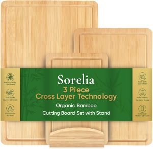 Bamboo Cutting Boards for Kitchen, 3-Piece Durable Bamboo Set, 2-in-1 Reversible Charcuterie Boards with Juice Groove & Side Handles, Natural Wood with Stand Included, 15/12/9 inch Set