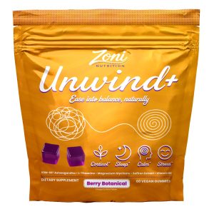 Unwind+ Ease into Balance, Naturally Stress Support, Cortisol & Mood Support KSM-66® Ashwagandha, L-Theanine, Magnesium, Saffron, Vitamin B6 – Berry Botanical Flavor – 60 Vegan Gummies