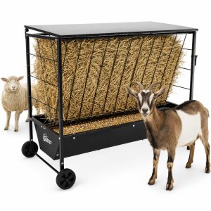 Large Hay Feeder for Goats with Roof, Wheels and Handles, Covered 2-in-1 Galvanized Steel Goat Hay Feeder Trough, 50 Gallon Rack and 20 Gallon Grain for Horse Sheep Cattle Alpacas Livestock