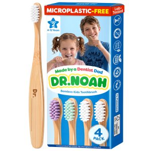 Dr. Noah Microplastic-Free Bamboo Kids Toothbrush | Dentist Designed | 656 Substances Safety Tested | Stage 2 (4 Pack)