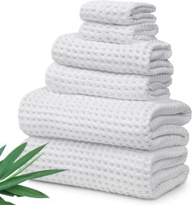 Ultra Soft Viscose from Bamboo Waffle Towels – Lightweight Bath Towel Set of 6 – Compact, Quick Dry & Lint Free (White)