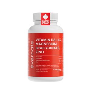 ALL-IN-ONE Vitamin D3 K2 (1000 IU D3 + 120 mcg K2) with Magnesium Glycinate Chelated 100mg & Zinc 25mg – Complete Bone, Muscle & Immune Support – 1 Capsule Daily – Made in Canada