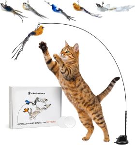 Whiskertons Interactive Bird Simulation Cat Toy Set, Cat Wand Toy with Self-Holding Suction Base, 5 Replacement Birds with Feathers & Bells, Realistic Bird Impression